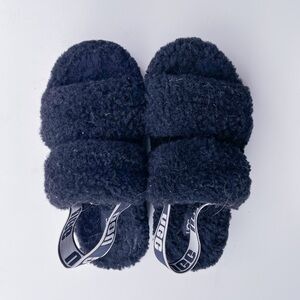 UGG Black Faux-Shearling Slide with Branded Elastic Strap